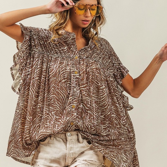 NEW TRENDING SHIRRED SHOULDER RUFFLED SLEEVE SEQUIN ZEBRA BLOUSE - Picture 1 of 12